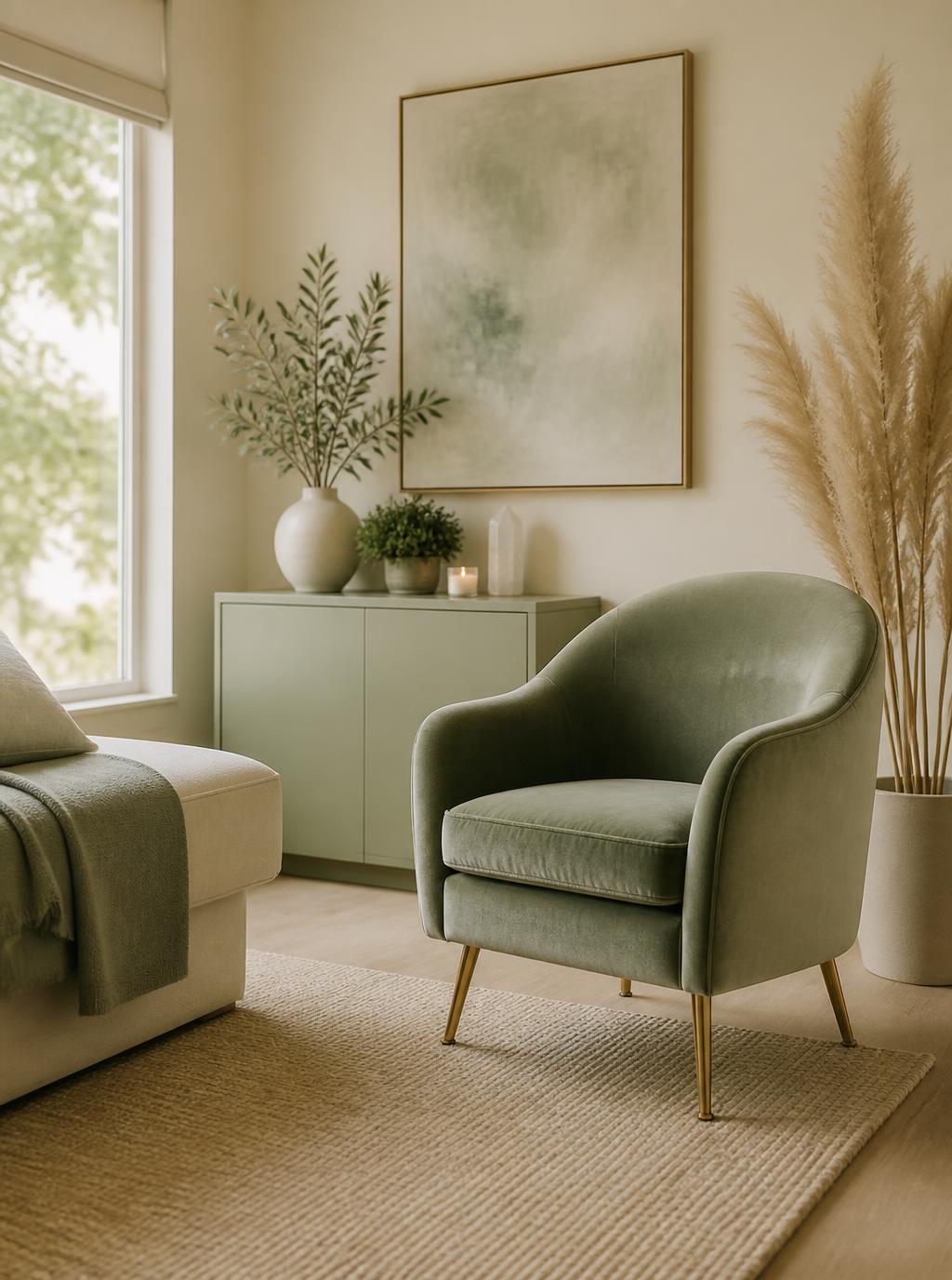 Consultório acolhedor com poltrona verde, plantas e luz natural